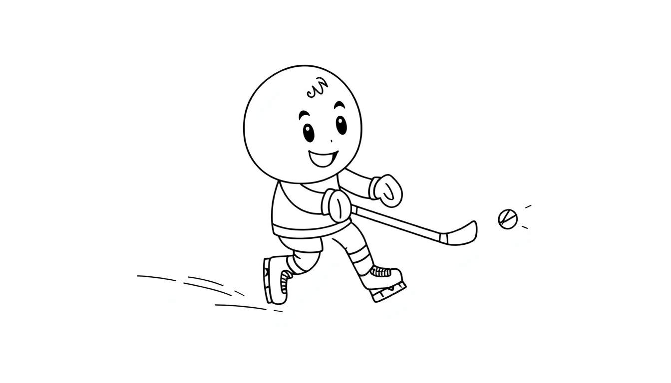 A cheerful cartoon hockey player in black and white, ready to score, shown on a color panel.