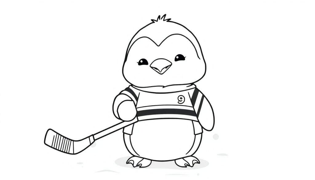 A cute baby penguin in a black and white coloring page, wearing a hockey jersey with the number 9 and holding a hockey stick.