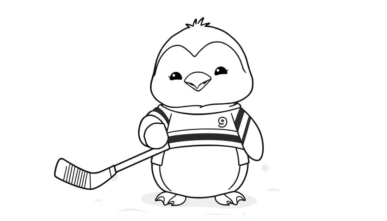 A cute baby penguin in a black and white coloring page, wearing a hockey jersey with the number 9 and holding a hockey stick.