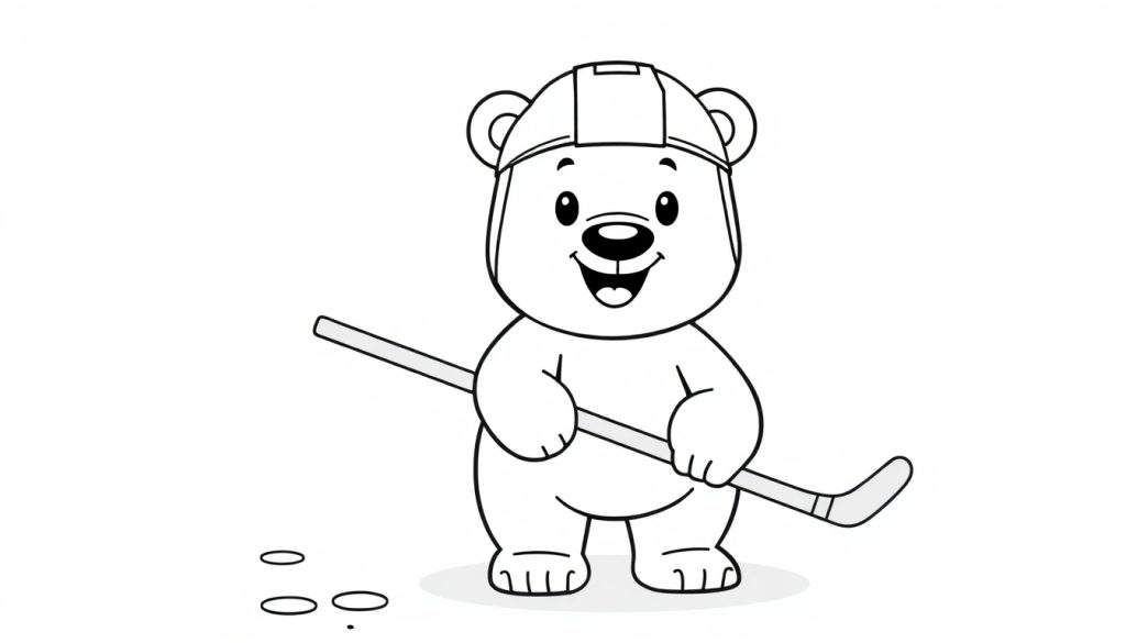 A smiling cartoon polar bear wearing a hockey helmet and holding a hockey stick, ready for coloring in this black and white color panel.
