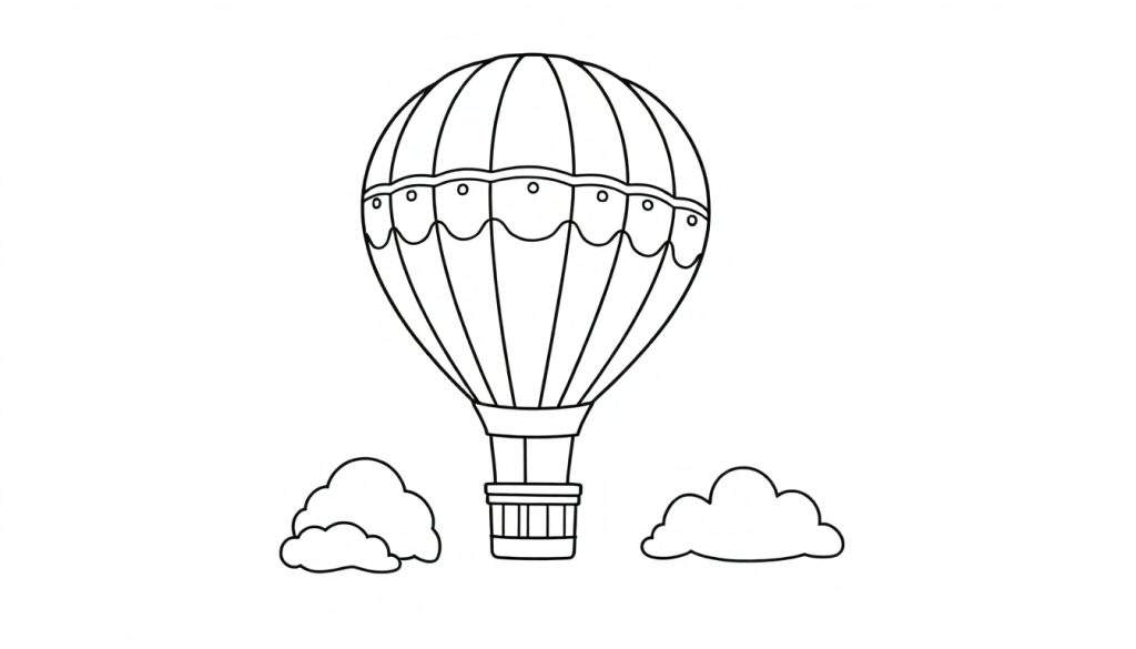 A black and white drawing of a hot air balloon with stripes, floating between clouds, ready for a color panel.