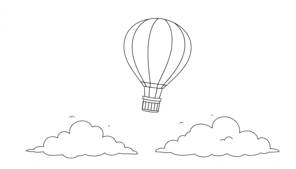 A simple black and white drawing of a hot air balloon with vertical color panel lines floating above two puffy clouds.