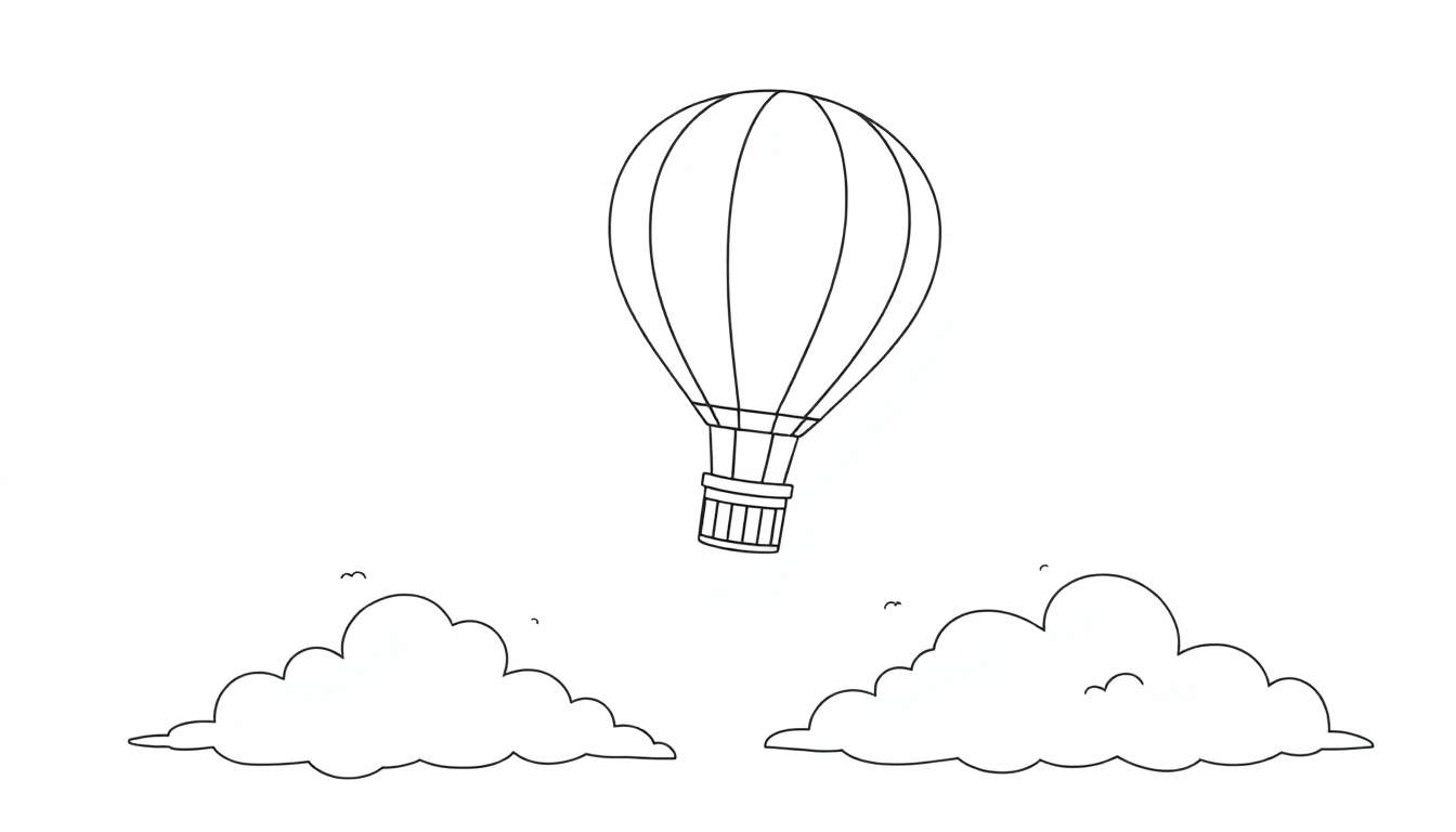 A simple black and white drawing of a hot air balloon with vertical color panel lines floating above two puffy clouds.