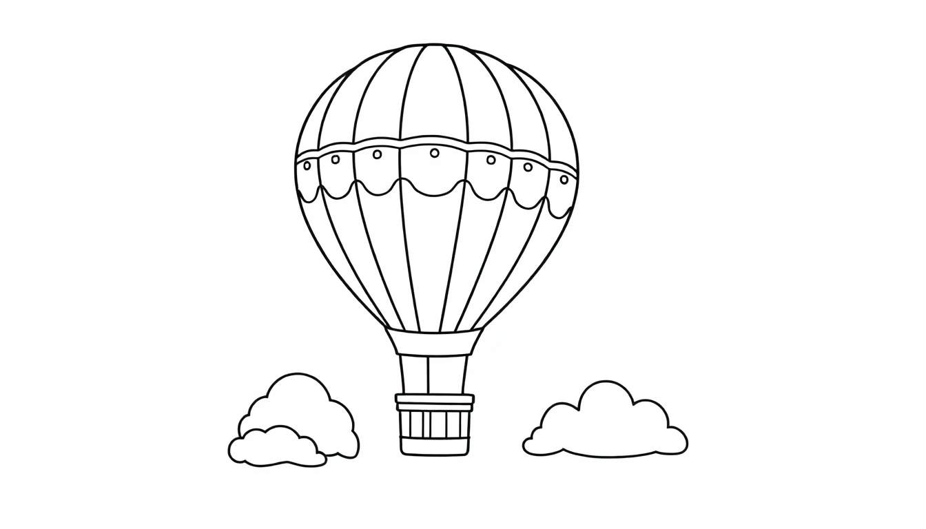 A black and white drawing of a hot air balloon with stripes, floating between clouds, ready for a color panel.
