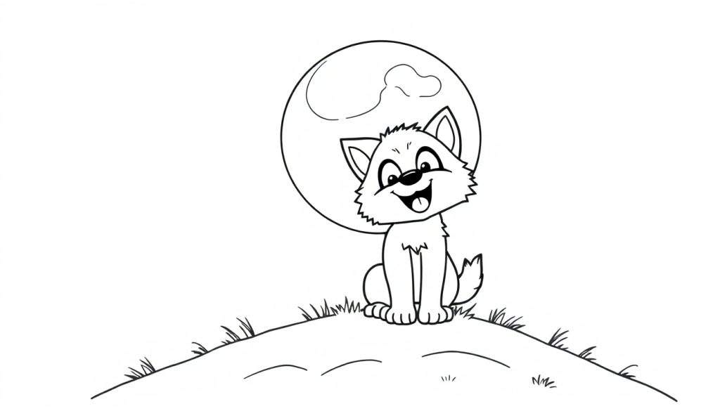 A black and white cartoon of a cute wolf cub howling at the moon, perfect for a color panel.