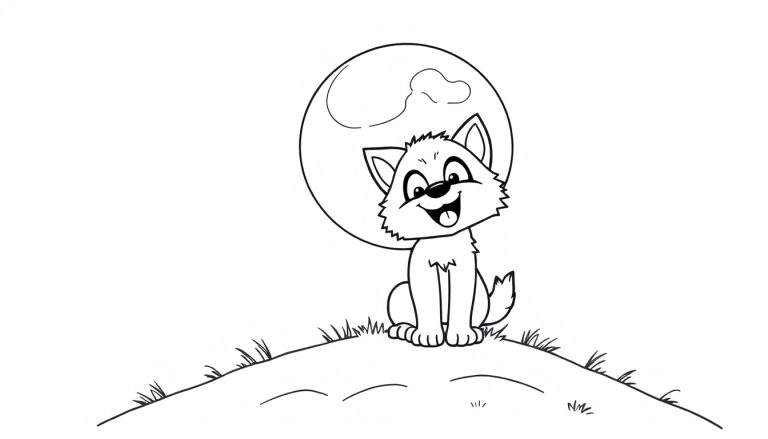 A black and white cartoon of a cute wolf cub howling at the moon, perfect for a color panel.