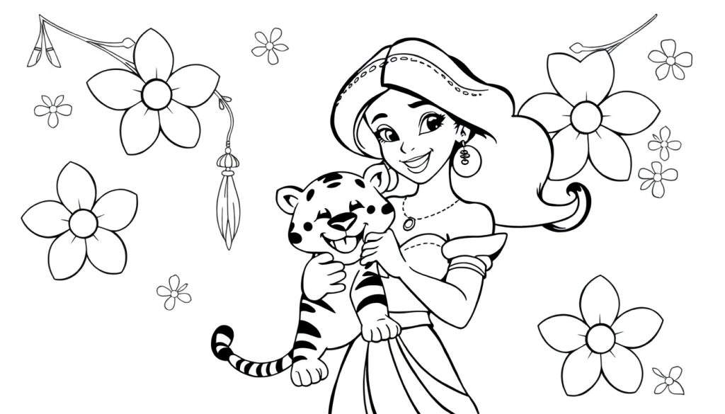 A cute black and white coloring page of Jasmine and Rajah surrounded by flowers, perfect for a color panel.