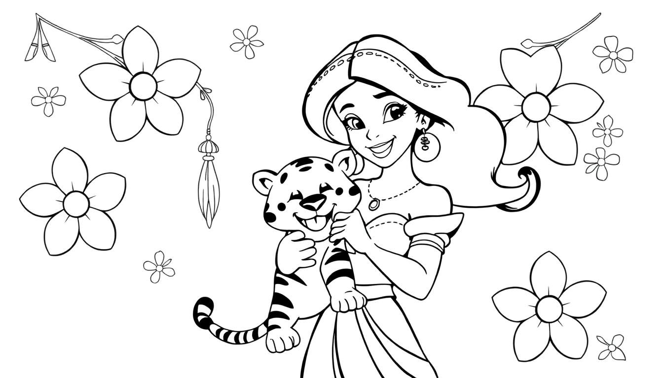 A cute black and white coloring page of Jasmine and Rajah surrounded by flowers, perfect for a color panel.
