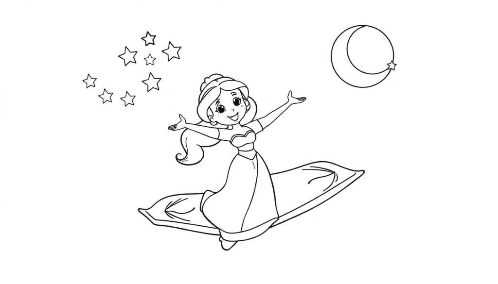 A cute Jasmine flying on her magic carpet, surrounded by stars and a crescent moon, black and white coloring panel.