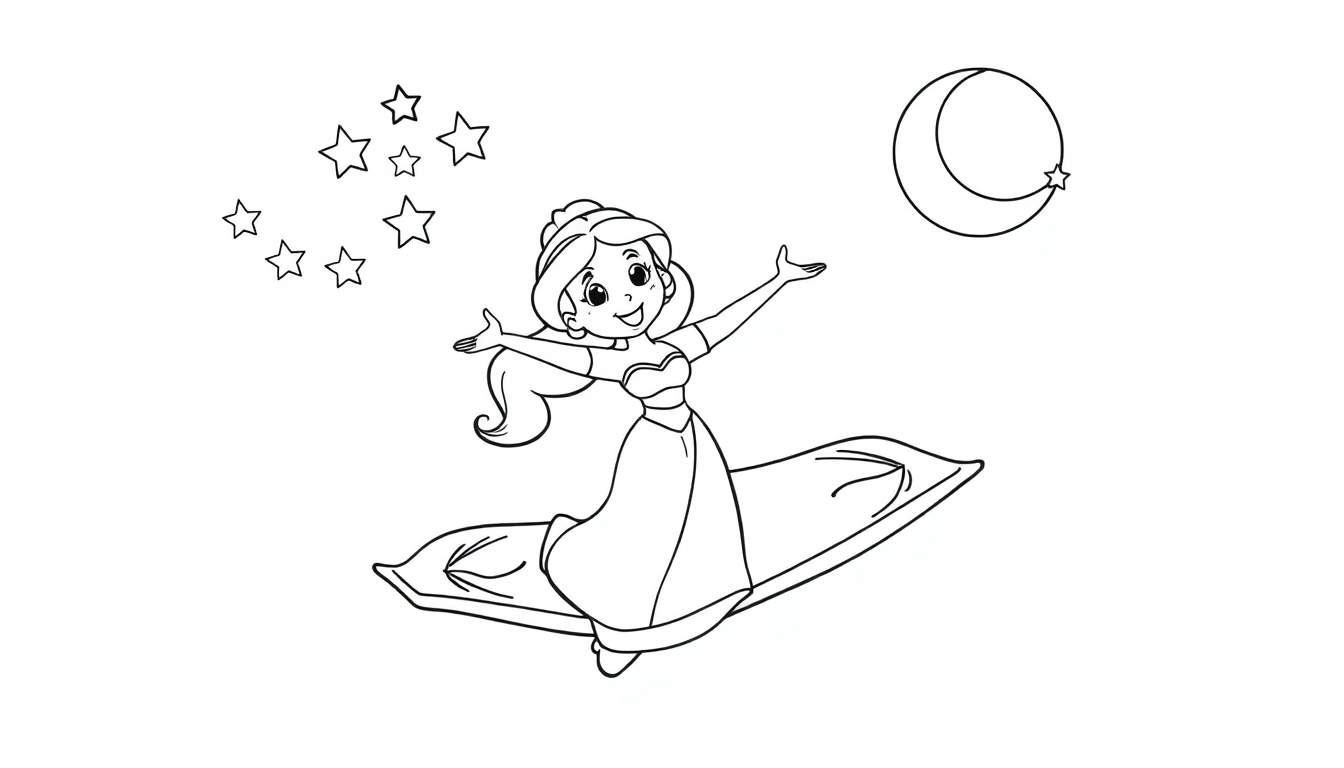 A cute Jasmine flying on her magic carpet, surrounded by stars and a crescent moon, black and white coloring panel.