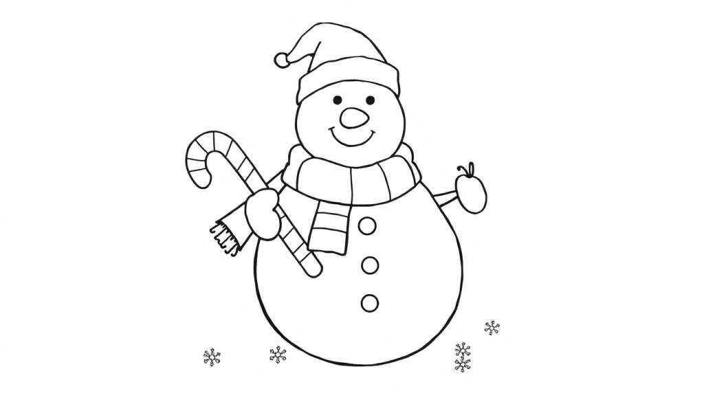 A jolly snowman in a Santa hat and scarf, holding a candy cane, ready for Christmas fun! Black and white color panel.