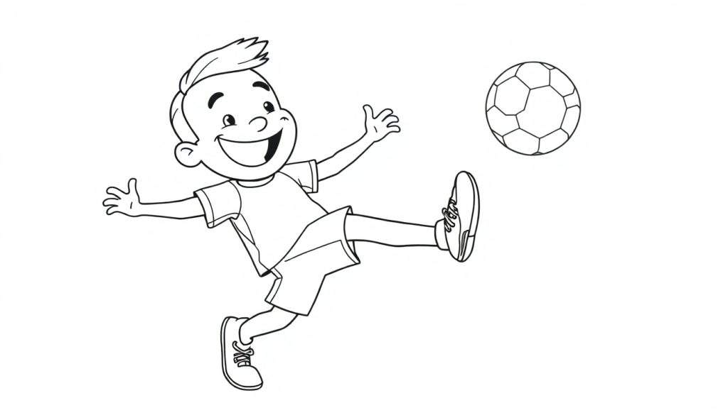 A happy boy kicking a soccer ball with a big smile, depicted in a black and white color panel.