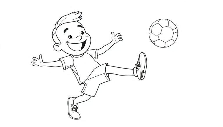 A happy boy kicking a soccer ball with a big smile, depicted in a black and white color panel.