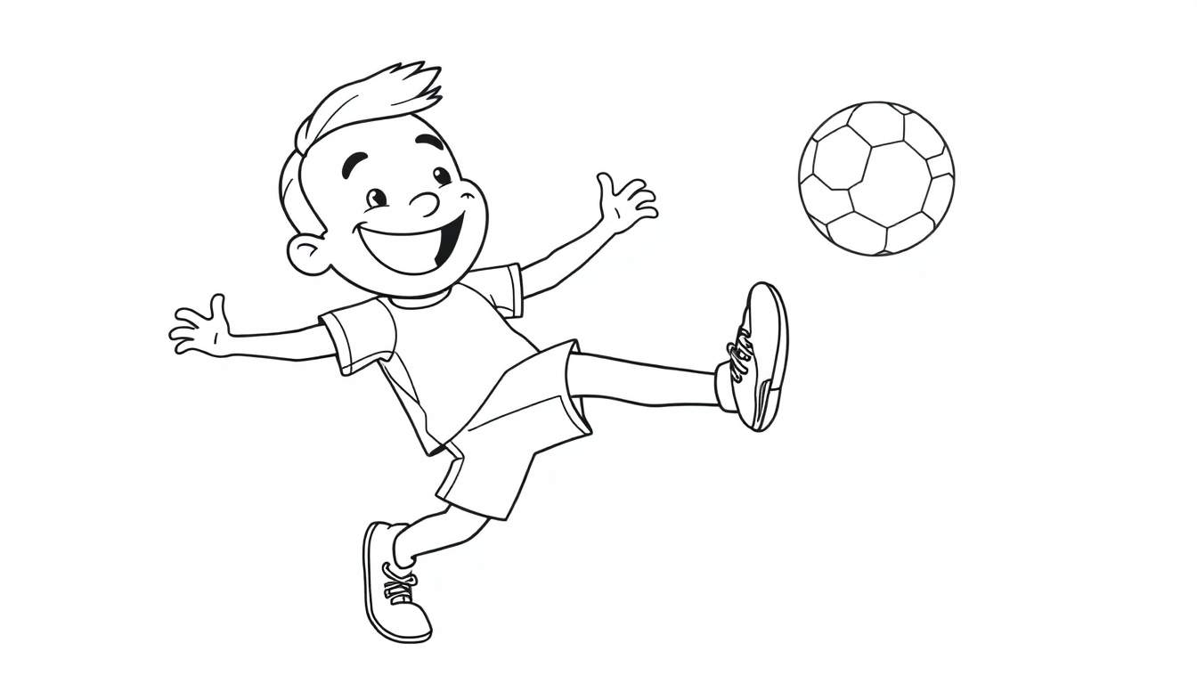 A happy boy kicking a soccer ball with a big smile, depicted in a black and white color panel.