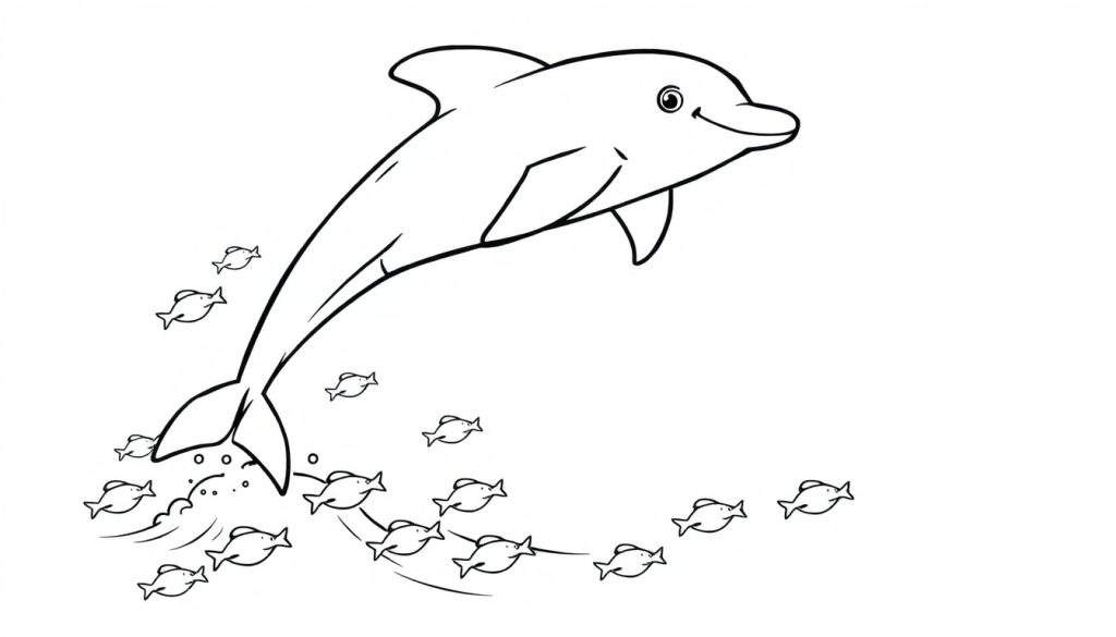 A black and white cartoon dolphin leaping from the water, with a group of fish below it. This is a color panel for kids.
