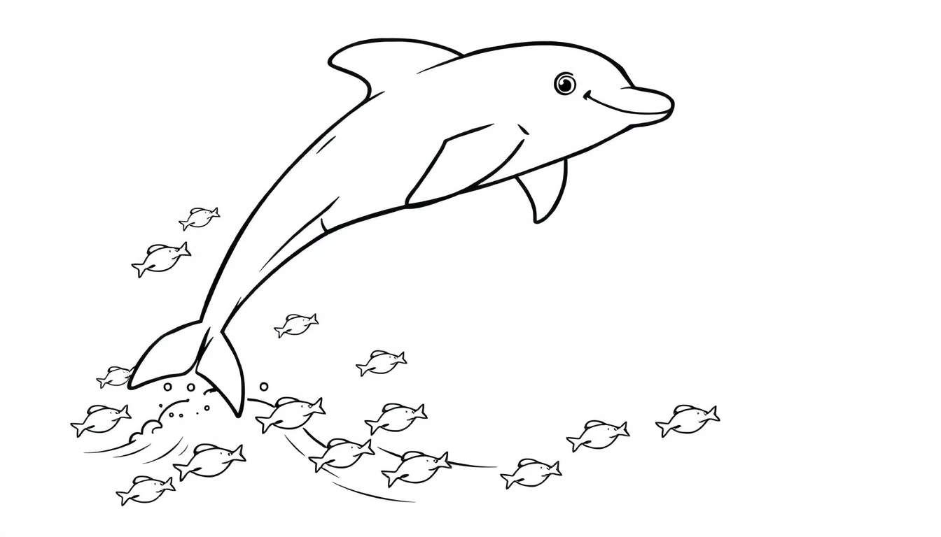 A black and white cartoon dolphin leaping from the water, with a group of fish below it. This is a color panel for kids.