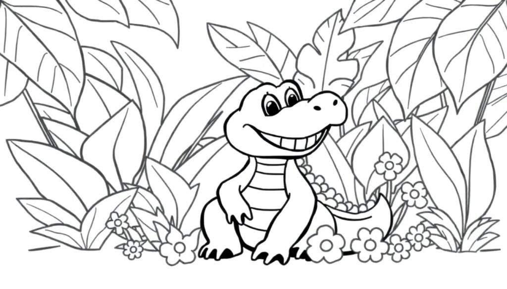 A friendly baby crocodile peeking out from behind jungle leaves, ready for a color panel adventure.