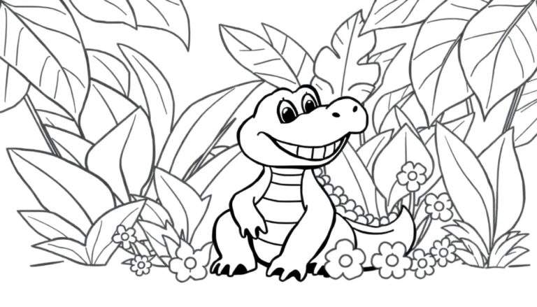 A friendly baby crocodile peeking out from behind jungle leaves, ready for a color panel adventure.