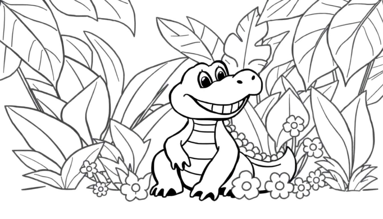 A friendly baby crocodile peeking out from behind jungle leaves, ready for a color panel adventure.