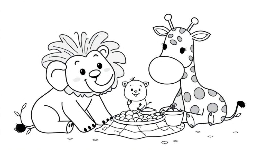 A group of colorful and diverse animals, including a lion, a zebra, an elephant, and a giraffe, standing together in a playful arrangement.