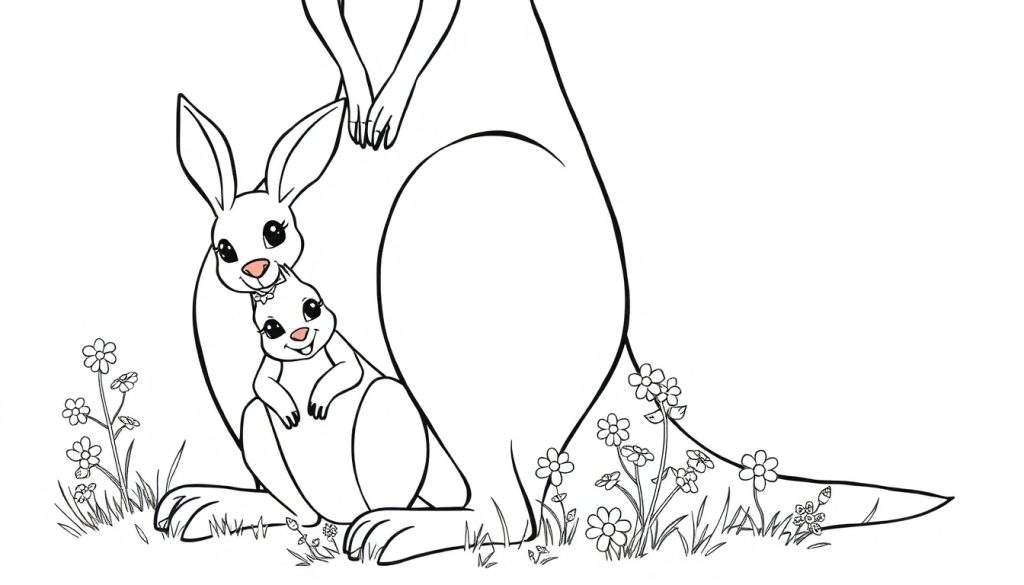 A friendly kangaroo with its joey in its pouch, part of a black and white color panel.