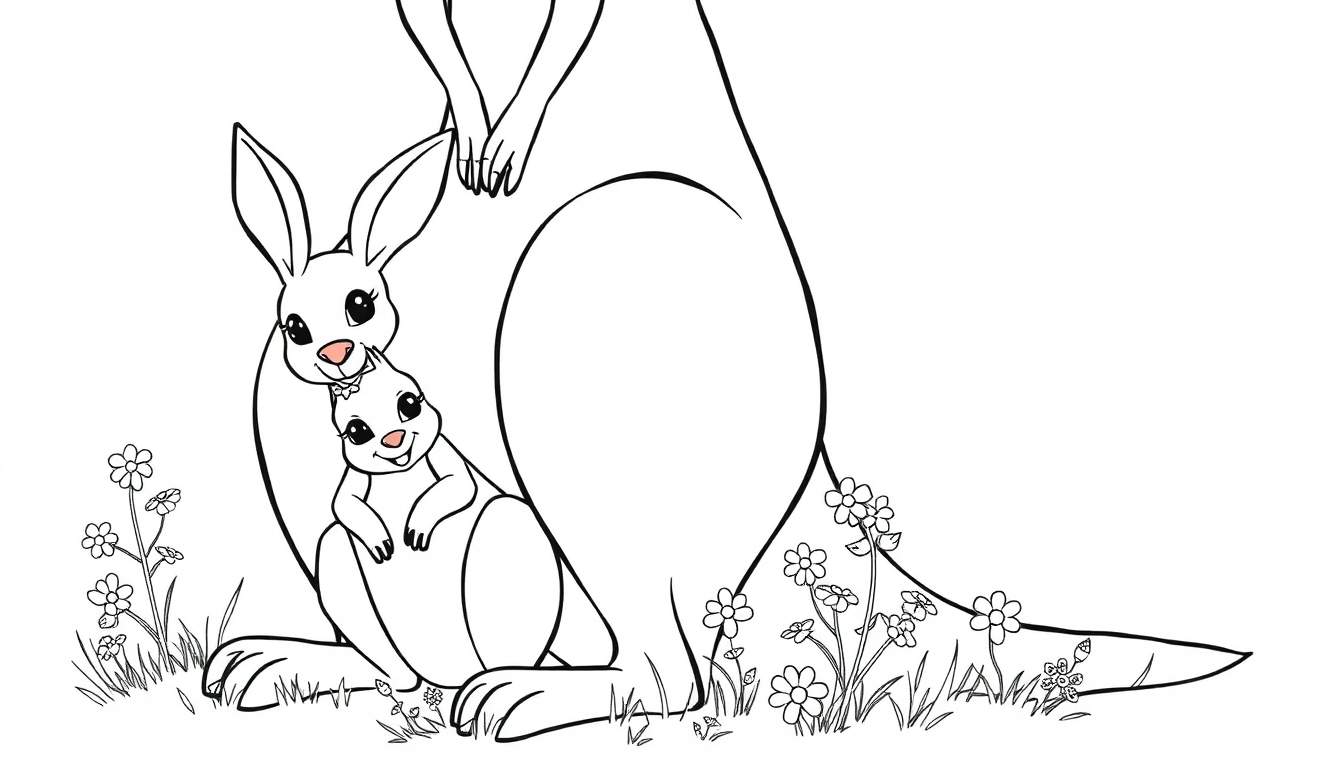 A friendly kangaroo with its joey in its pouch, part of a black and white color panel.