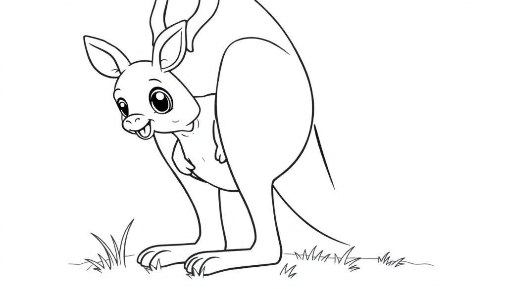 A cartoon black and white line drawing of a kangaroo with a joey in its pouch, ready for coloring in this color panel.