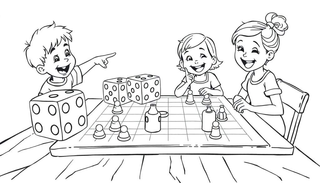 Three smiling children playing a board game with big dice and scattered pieces, a fun coloring panel.