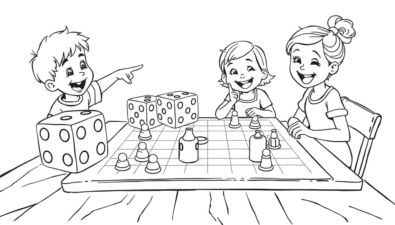 Three smiling children playing a board game with big dice and scattered pieces, a fun coloring panel.