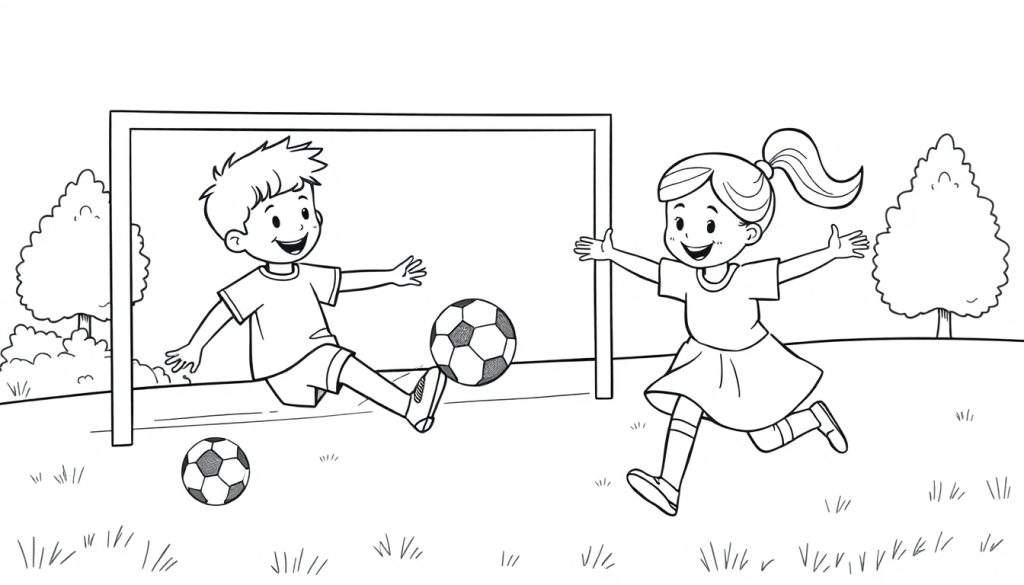 A cute black and white coloring panel of kids playing soccer, with a boy kicking a ball into a goal and a girl running to catch it.