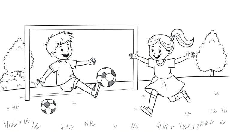 A cute black and white coloring panel of kids playing soccer, with a boy kicking a ball into a goal and a girl running to catch it.