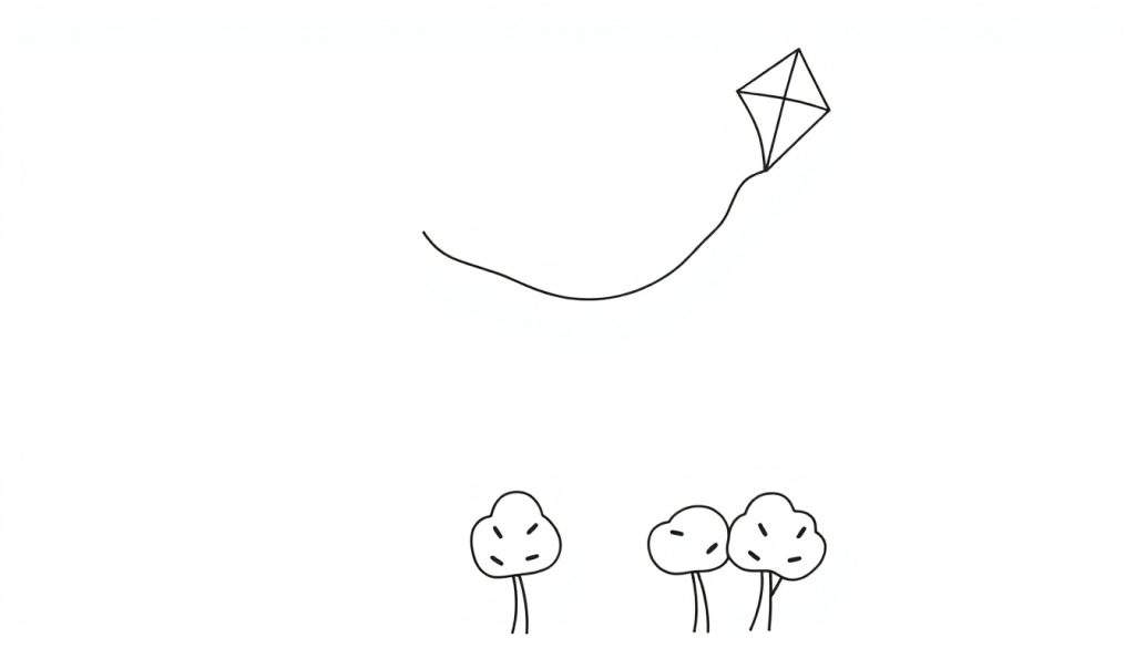 A simple black and white line drawing of a kite, trees, and string. A fun color panel for kids!