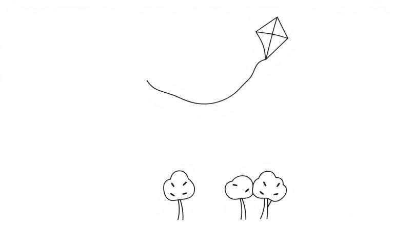 A simple black and white line drawing of a kite, trees, and string. A fun color panel for kids!