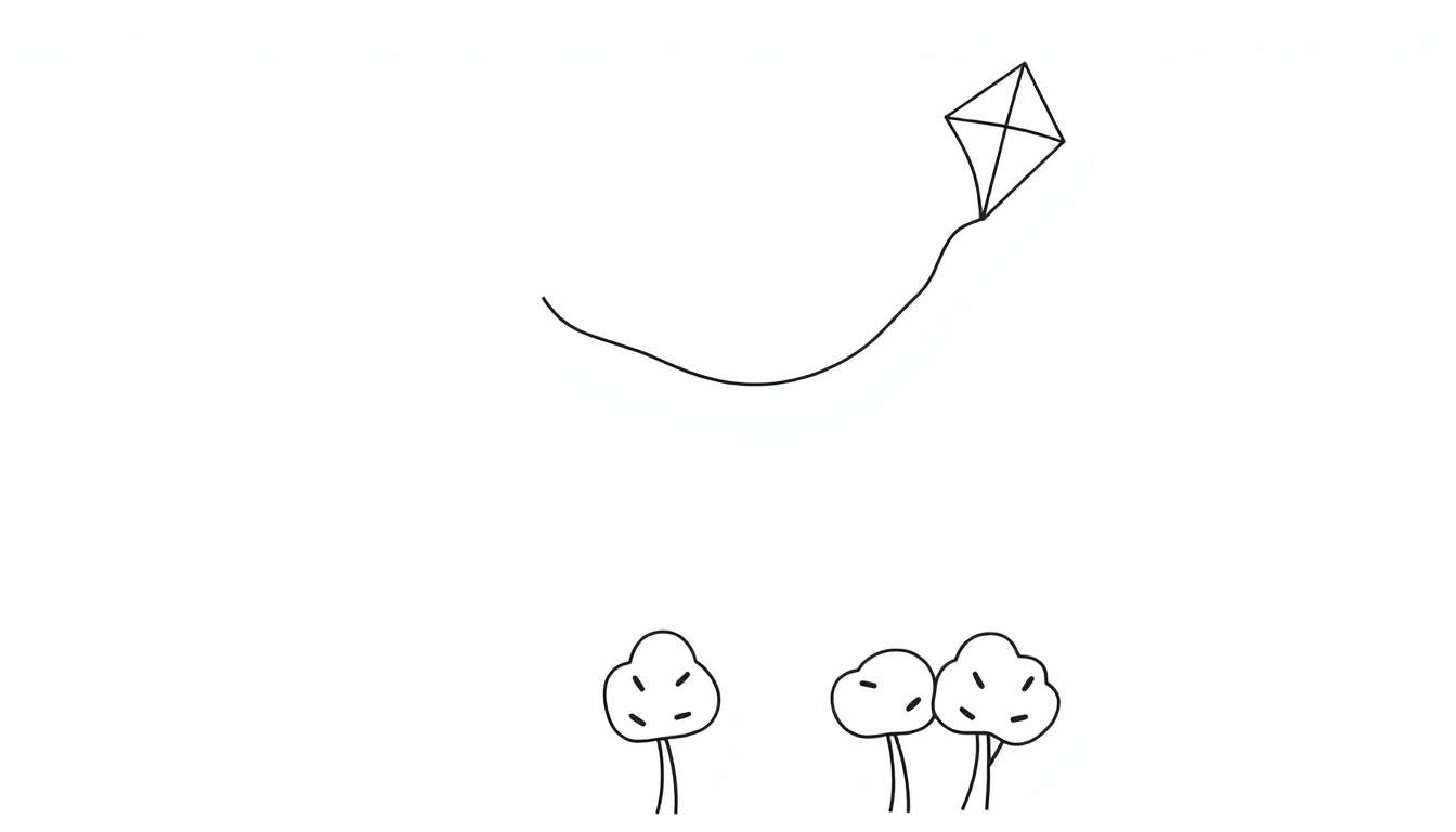 A simple black and white line drawing of a kite, trees, and string. A fun color panel for kids!