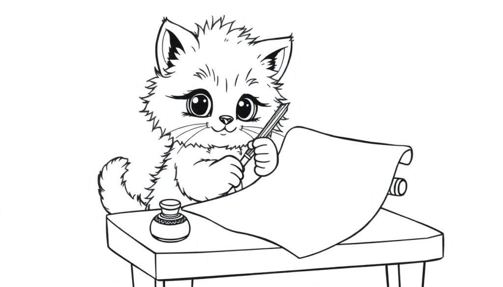 A fluffy kitten with big eyes holding a quill pen, ready to write, on a black and white color panel.