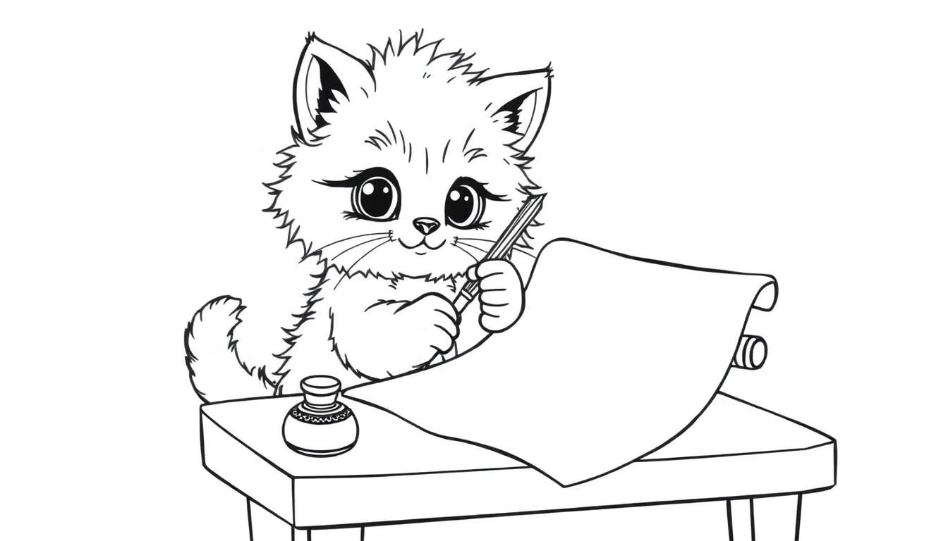A fluffy kitten with big eyes holding a quill pen, ready to write, on a black and white color panel.