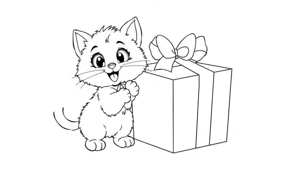 A cute cartoon kitten in a black and white drawing, standing next to a gift box, ready for coloring. This color panel is adorable!