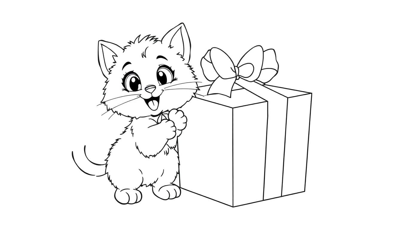 A cute cartoon kitten in a black and white drawing, standing next to a gift box, ready for coloring. This color panel is adorable!