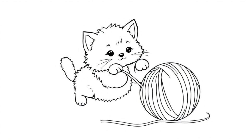A cute black and white kitten reaching for a ball of yarn, a fun color panel for kids.