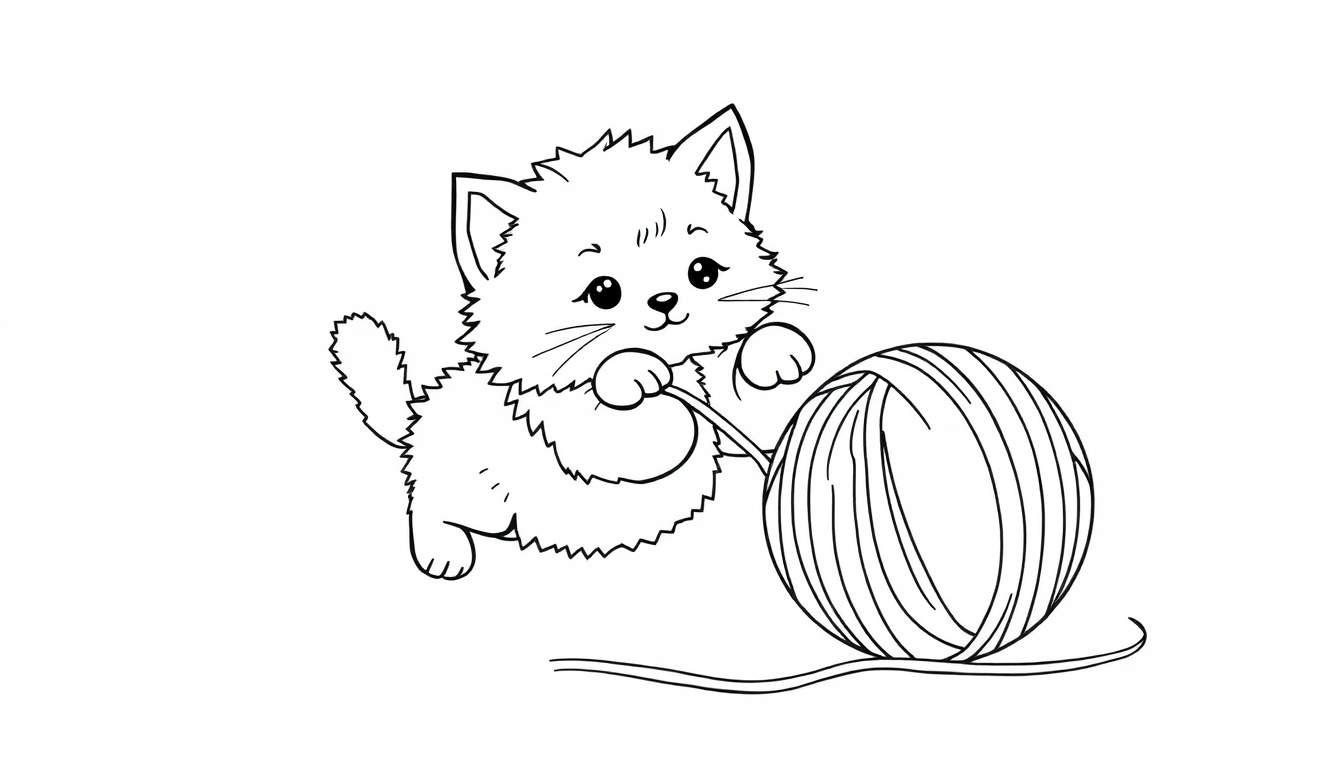 A cute black and white kitten reaching for a ball of yarn, a fun color panel for kids.