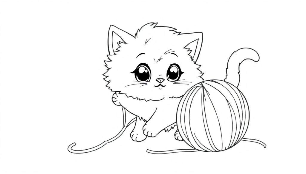 A cute kitten in a color panel is playing with a ball of yarn.