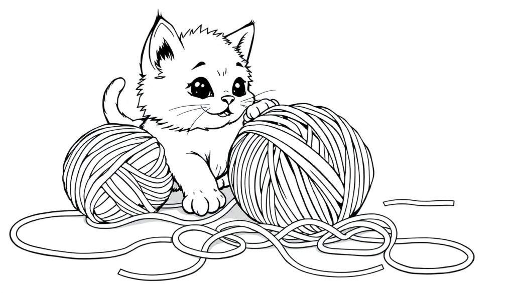 A black and white line art drawing of a cute, cartoonish kitten playing with two balls of yarn, suitable for a color panel.