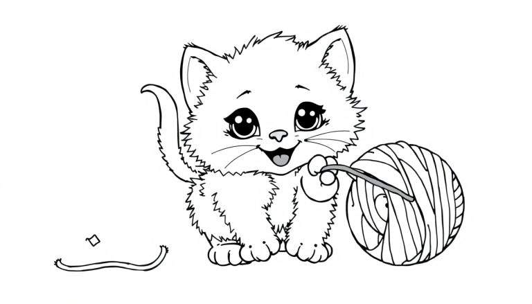Cute kitten playing with yarn ball color panel.