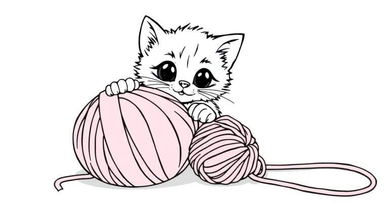 A cute cartoon kitten peeking over a pink ball of yarn, ready for a coloring panel.