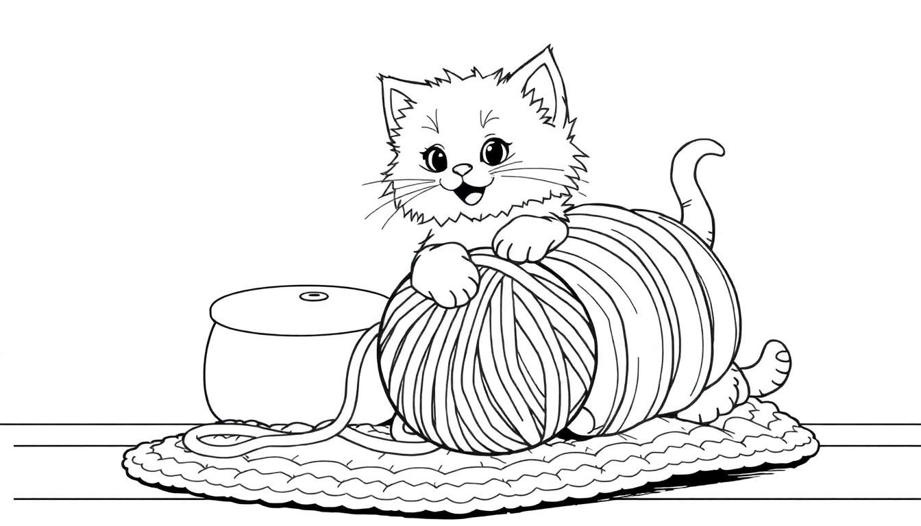 Cute kitten playing with yarn, a black and white coloring page color panel.