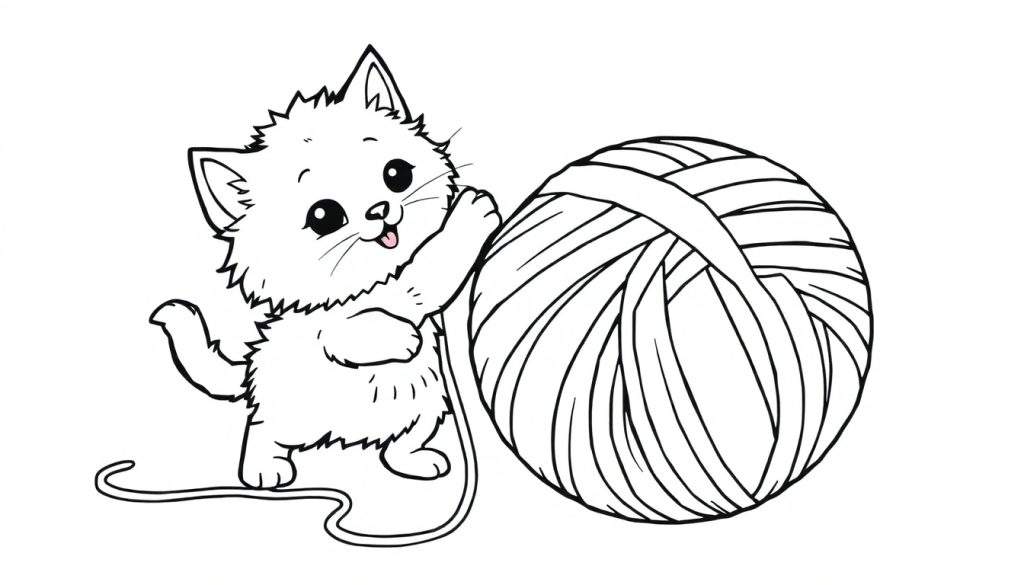 A cute kitten reaching for a yarn ball, a black and white coloring panel.