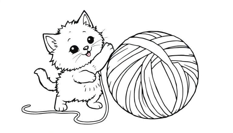 A cute kitten reaching for a yarn ball, a black and white coloring panel.