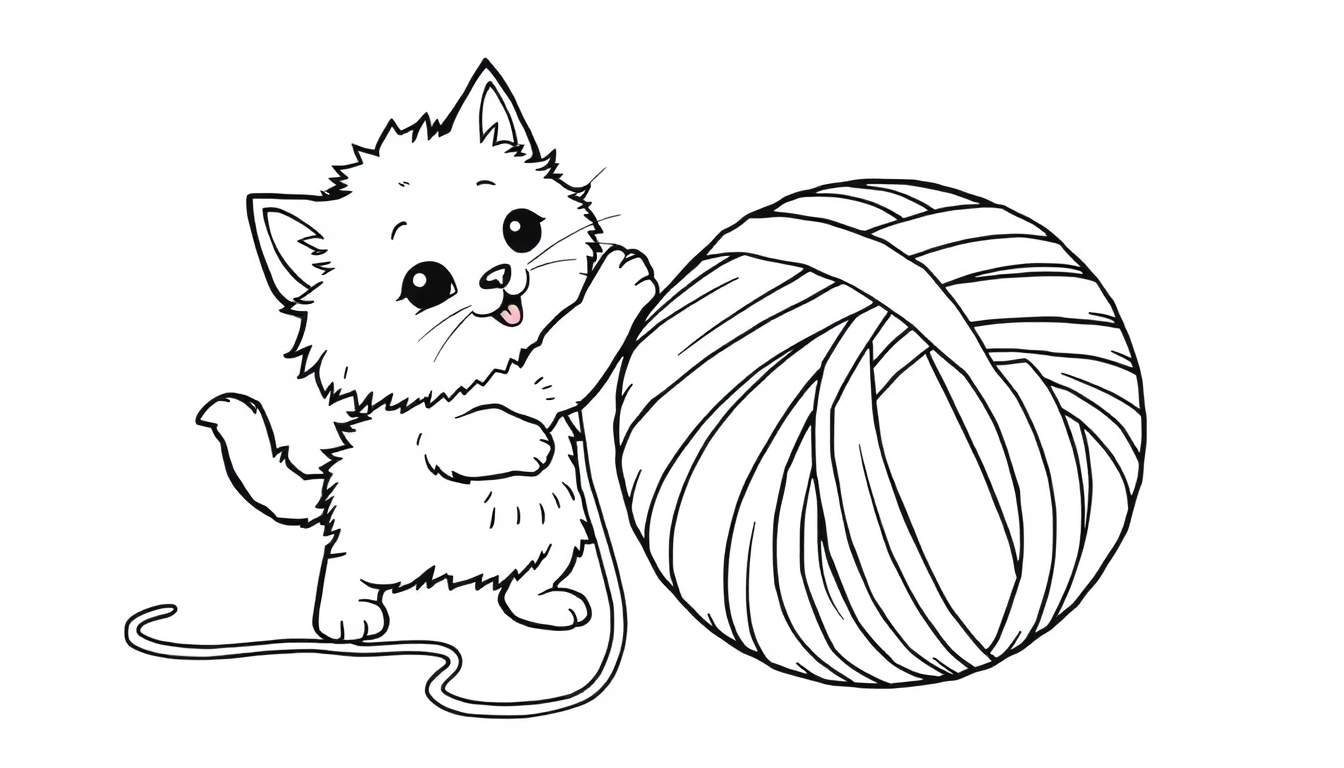 A cute kitten reaching for a yarn ball, a black and white coloring panel.