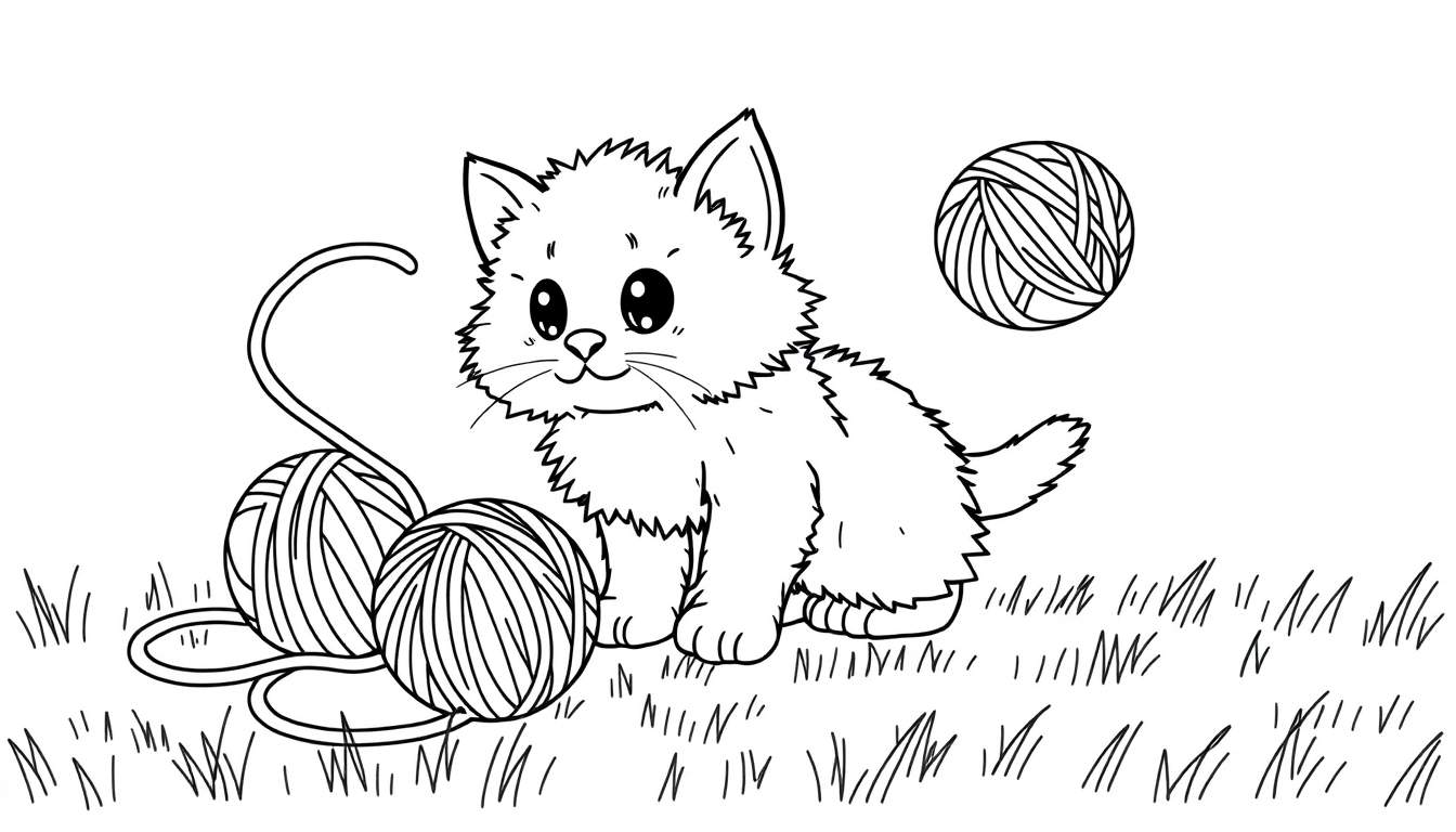 A cute cartoon kitten playing with yarn, a black and white color panel.