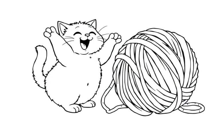 A cute cartoon kitten in black and white line art, playing with a ball of yarn, ready for the color panel.
